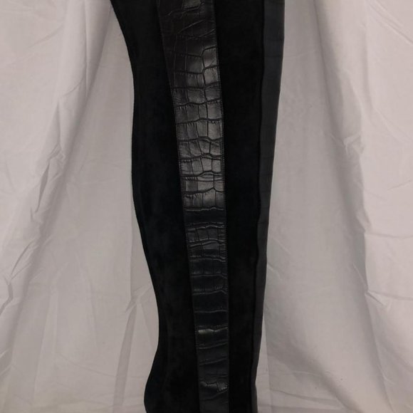 37/7❤️VALENTINO BLACK Suede & LEATHER Over Knee Thigh High Heel BOOTS ITALY - Picture 12 of 16